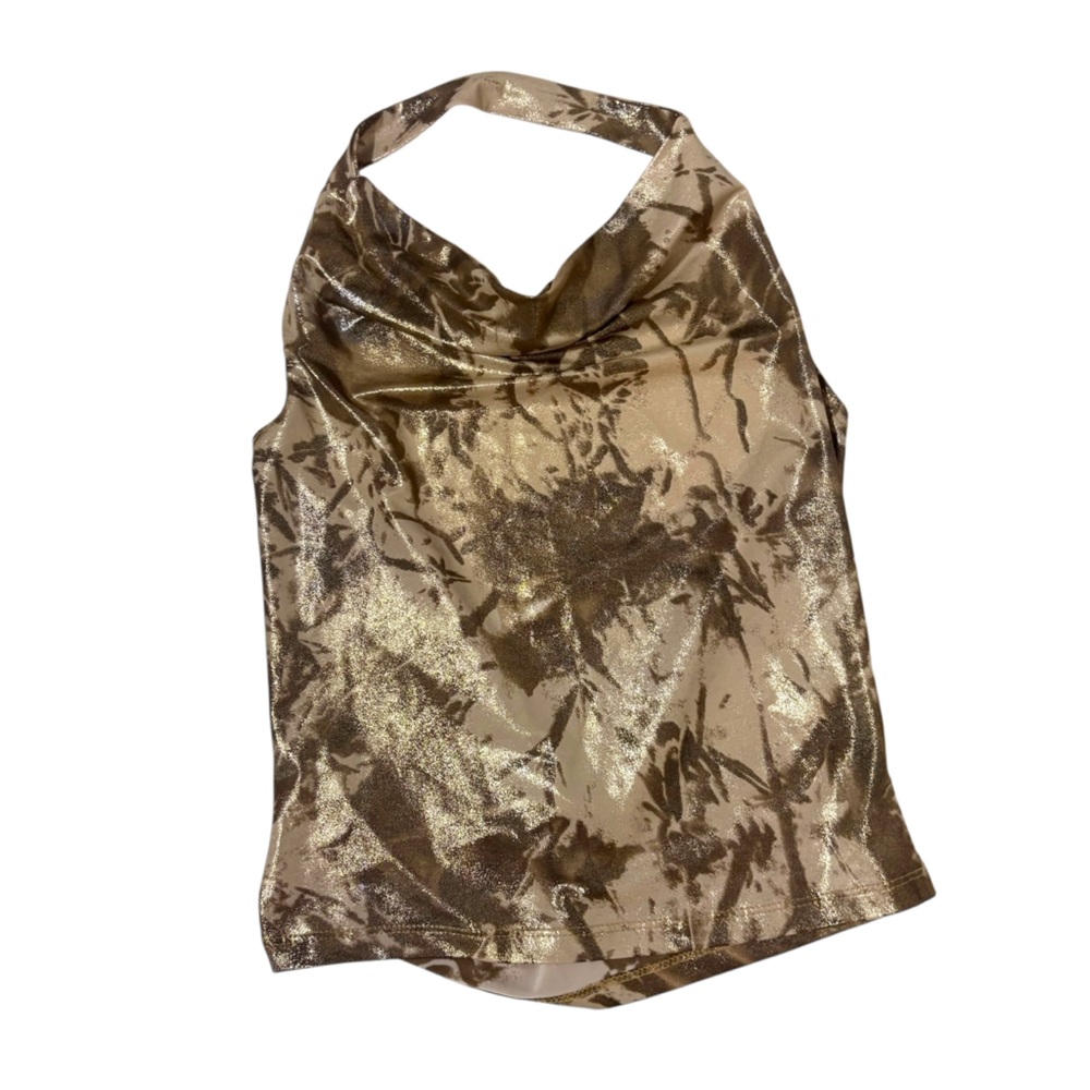 Vintage Y2K Ginoo Beige White Tie Dye Satin‎ Metallic Halter Neck Tank Top